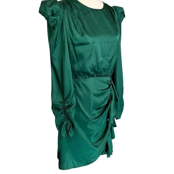ASTR Cascade Long Sleeve Ruffle Front Mini Dress Green Satin | Size XL - Picture 6 of 11